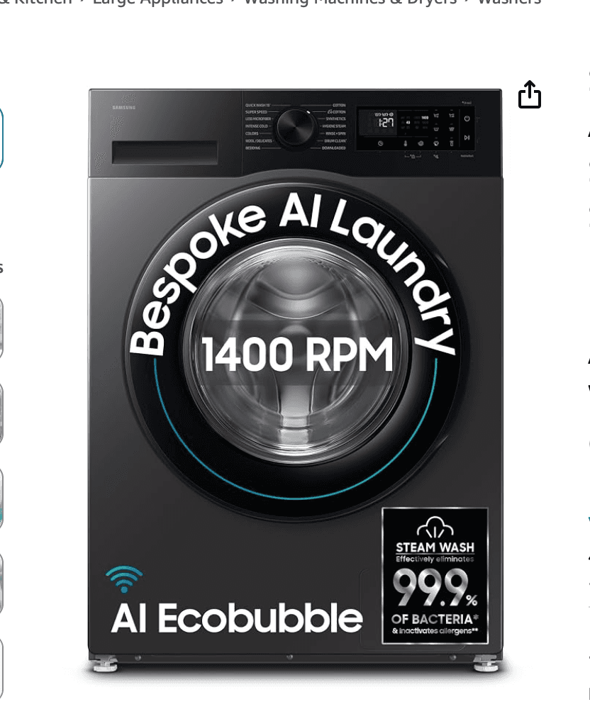 Washing machine Samsung 9 kg 5 star AI control AI Ecobuble wi-fi digital inveter fully automatic front load